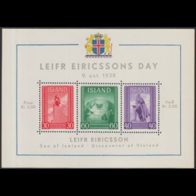 Island Mi.Nr. Block 2 Leif-Eriksson-Tag, Statue und Karte von Island