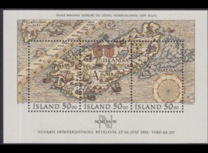Island Mi.Nr. Block 12 Tag der Briefmarke, Bfm.ausst.NORDIA '91, Nordeuropakarte