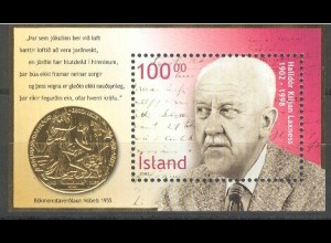 Island Mi.Nr. Block 30 I, 100. Geburtstag von Halldor Kiljan Laxness,Goldprägung