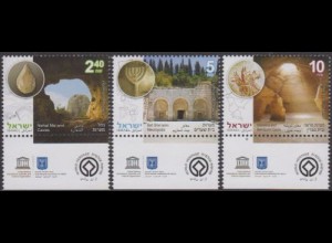 Israel MiNr. 2553-55-Tab UNESCO-Welterbe, u.a. Tabun- u.Glockenhöhle (3 Werte)
