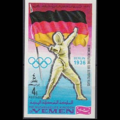 Jemen (Königreich) Mi.Nr. 520B Olympia 1968, Berlin '36, Flagge, Fechten (4)