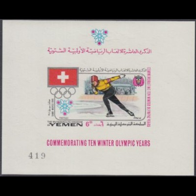 Jemen (Königreich) Mi.Nr. Block 99 Olympia 1968, St.Moritz, Flagge, Eislauf 