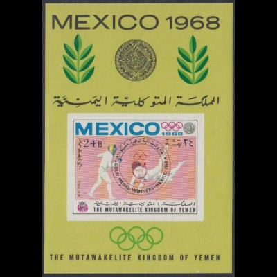 Jemen (Königreich) Mi.Nr. Block 138 Olympia '68 Mexiko Fechten, schw./rot.Signet