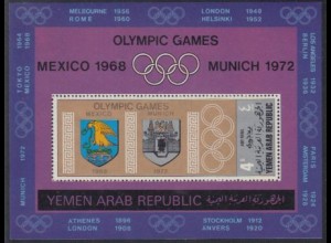 Jemen (Nordjemen) Mi.Nr. Block 85 Wappen olymp. Sommerspiele Mexiko + München 