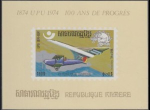 Kambodscha Mi.Nr. Block 110B 100J. UPU, Doppeldecker 1927 und Concorde 1974 