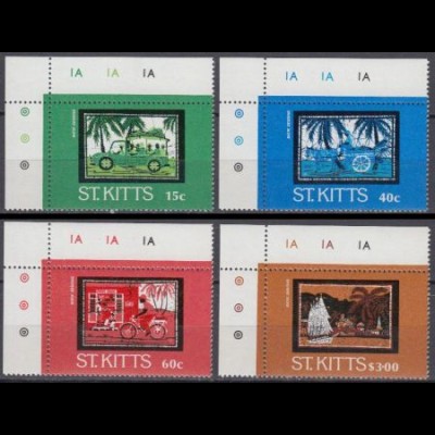 St. Kitts Mi.Nr. 156-59 Batik, Autobus, Eselkarren, Fahrrad, Segelschiff (4 W.)