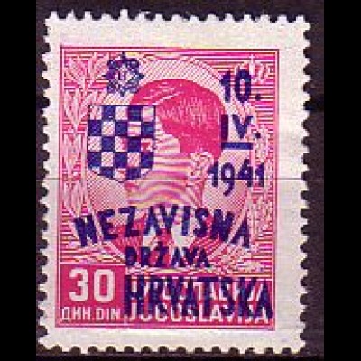Kroatien Mi.Nr. 38 Marke Jugoslwawiens (Mi.Nr. 407) m. Aufdr. (30)