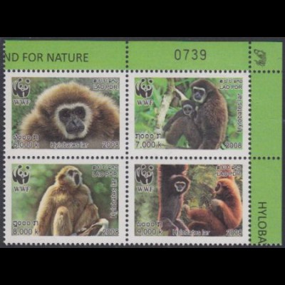 Laos Mi.Nr. Zdr.2062-65A Weltweiter Naturschutz, Weißhandgibbon 