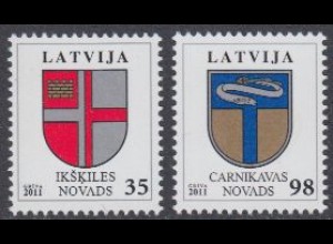 Lettland Mi.Nr. 801-02 Freim. Wappen, Bezirke Ikskile, Carnikava (2 Werte)
