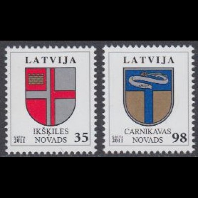 Lettland Mi.Nr. 801-02 Freim. Wappen, Bezirke Ikskile, Carnikava (2 Werte)