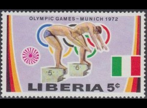 Liberia Mi.Nr. 827A Olympia 1972 München, Schwimmer, Flagge Italien (5)