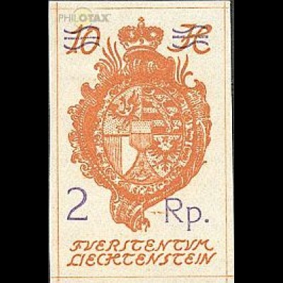 Liechtenstein Mi.Nr. 44 Freim. Landeswappen, geschn., magerer Aufdr. (2 Rp.a.10)