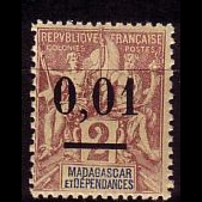 Madagaskar Mi.Nr. 52I Freimarke mit Aufdruck, "schmale Null" (0,01 auf 2)