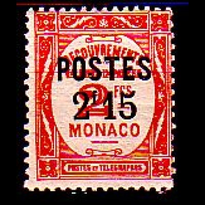 Monaco Mi.Nr. 160 Freim. Postauftragsmarke mit Audruck (2,15 auf 2)