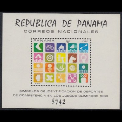Panama Mi.Nr. Block 103 Olympiade 1968 Mexiko, Symbole olympischer Disziplinen 