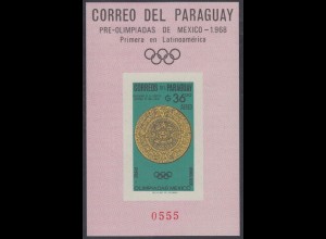 Paraguay Mi.Nr. Block 82 Vor-Olympia 1968 Mexiko, Kalenderstein 