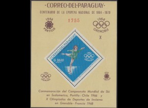 Paraguay Mi.Nr. Block 91 Ski-WM Portillo + Olympia 1968 Grenoble, Eiskunstlauf 