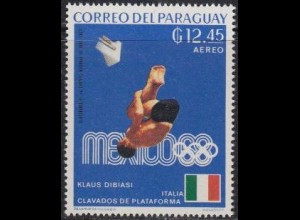 Paraguay Mi.Nr. 1889 Olympia 1968 Mexiko, Goldm. Dibiasi, Turmspringen (12,45)