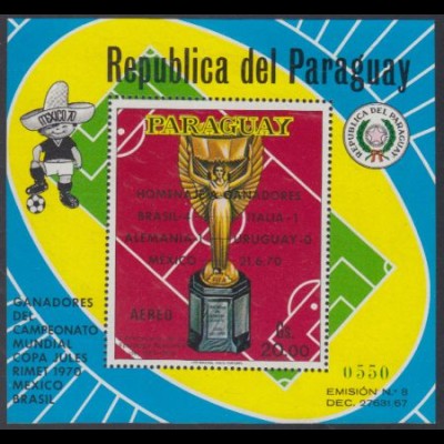 Paraguay Mi.Nr. Block 153 Fußballweltmeisterschaft, Jules-Rimet-Cup 