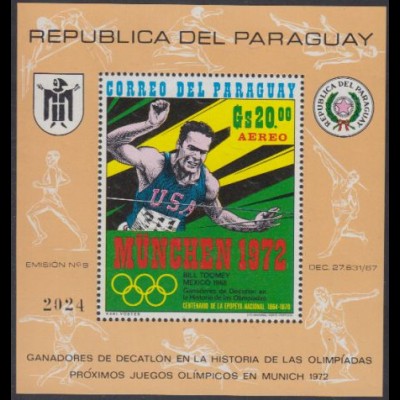 Paraguay Mi.Nr. Block 158 Olympia 1972 München, Zehnkampfsieger Mexiko 1968 