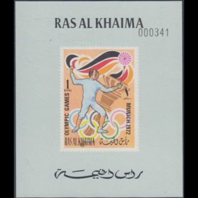 Ras al Khaima Mi.Nr. 650B(Block graugrün) Olympia 1972 München, Fechten (1)