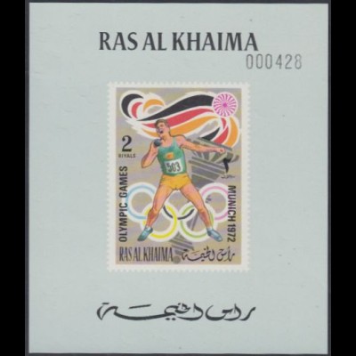 Ras al Khaima Mi.Nr. 652B(Block graugrün) Olympia 1972 München, Kugelstoßen (2)