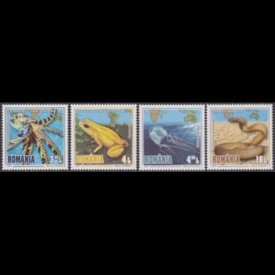 Rumänien MiNr. 7308-11 Giftigste Tiere, Krake, Frosch, Seewespe,Taipan (4 Werte)