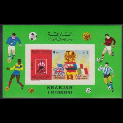 Sharjah Mi.Nr. Block 66 B Fußball-WM 1970, F.Beckenbauer, Flaggen, Pokal, ungez.