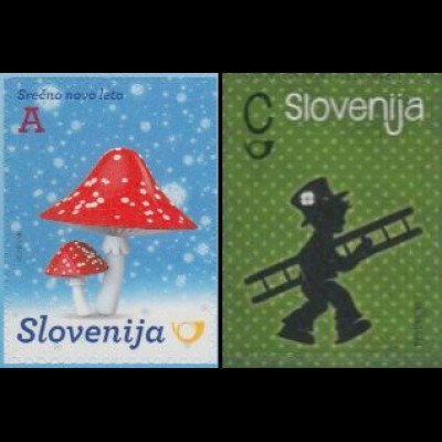 Slowenien Mi.Nr. 1089-90 Neujahr, Fliegenpilze, Schornsteinfeger, skl. (2 Werte)