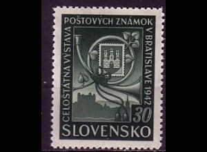 Slowakei Mi.Nr. 98 Briefmarkenausstellung, Posthorn, Burgruine, Wappen (30 H)