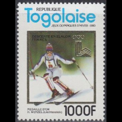 Togo Mi.Nr. 1508A Olympia 1980 Lake Placid, Gold Wenzel Riesenslalom (1000)