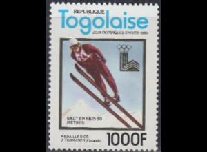 Togo Mi.Nr. 1510A Olympia 1980 Lake Placid, Gold Törmänen Skispringen (1000)