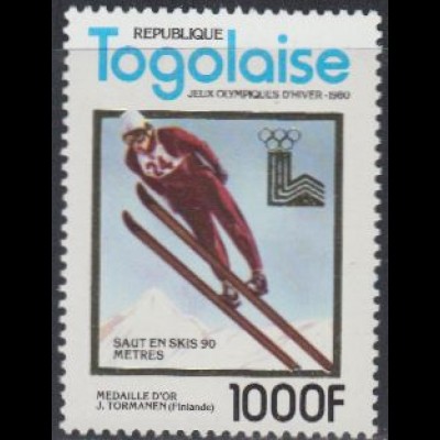 Togo Mi.Nr. 1510A Olympia 1980 Lake Placid, Gold Törmänen Skispringen (1000)