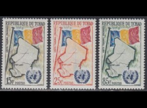 Tschad Mi.Nr. 66-68 Aufnahme in die UNO, Landkarte, Nationalflagge (3 Werte)