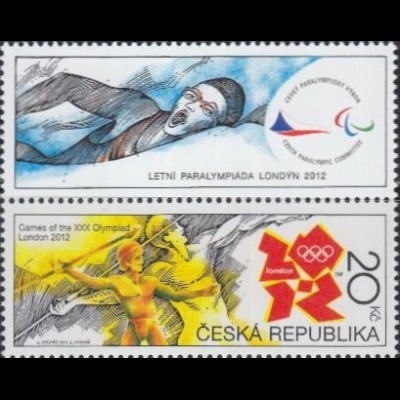 Tschechien Mi.Nr. 725Zf Olympia+Paralympia 2012, Speerwerfen (20, Zf.Schwimmen)