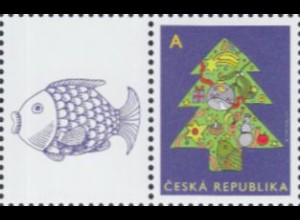 Tschechien Mi.Nr. 751Z1 Grußmarke Weihnachtsbaum mit Zierfeld Fisch (A)