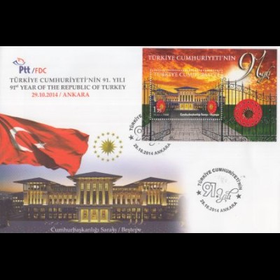 Türkei Mi.Nr. Block 120 91Jahre Türkische Republik, Präsidentschaftspalast