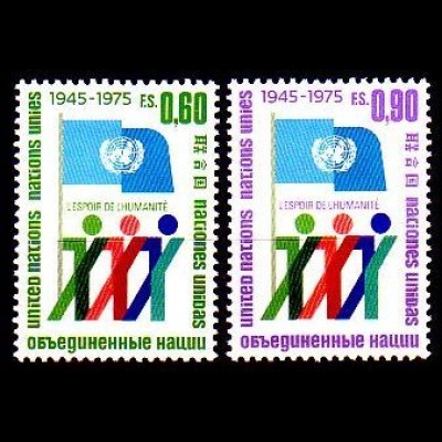 UNO Genf Mi.Nr. 50-51A 30 Jahre UNO, Figuren mit UNO-Flagge, gez. (2 Werte)