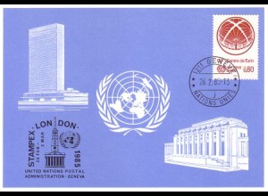 UNO Genf Blaue Karte Mi.Nr. 143 London, Stampex (26.2.-3.3.85)
