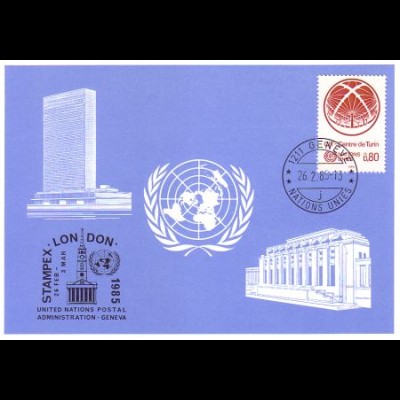 UNO Genf Blaue Karte Mi.Nr. 143 London, Stampex (26.2.-3.3.85)