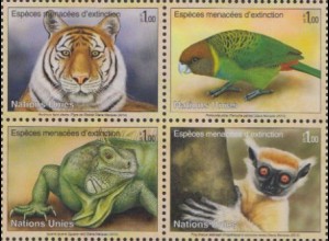 UNO Genf Mi.Nr. Zdr.790-93 Gefährdete Arten, Tiger, Papagei, Leguan, Sifaka 