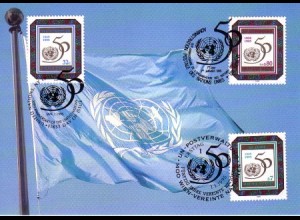 UNO Genf Mi.Nr. 261 + Wien 178 + NY 679 50 Jahre UNO, Jubiläumsemblem (Karte)