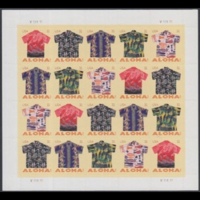 USA Mi.Nr. 4778-82 (Fol.) Freim. Hawaii-Hemden, skl. (Folienbogen mit 4x4778-82)