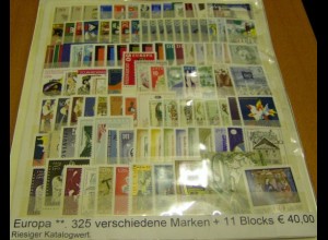Europa, Paket mit 325 verschiedenen Briefmarken ** + 11 Blocks (siehe Abbildung)