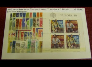 Europa-Union, Paket mit 160 verschiedenen Briefmarken + 1 Block (siehe Abbildg.)