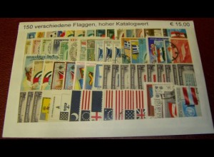 Flaggen, Paket mit 150 verschiedenen Briefmarken (siehe Abbildung)