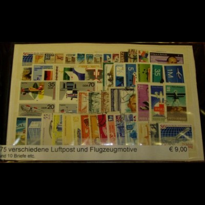 Luftpost- und Flugzeugmotive, Paket mit 75 versch. Briefmarken +10Briefe(s.Abb.)