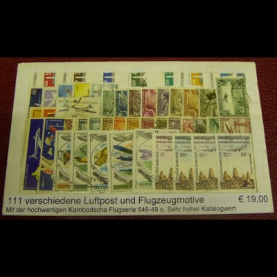 Luftpost- und Flugzeugmotive, Paket mit 111 verschiedenen Briefmarken (s.Abb.)