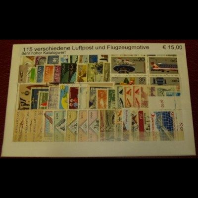 Luftpost- und Flugzeugmotive, Paket mit 115 verschiedenen Briefmarken (s.Abb.)