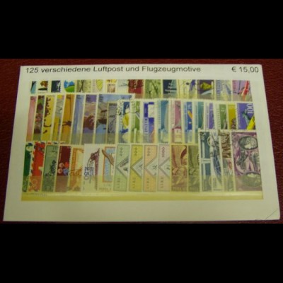 Luftpost- und Flugzeugmotive, Paket mit 125 verschiedenen Briefmarken (s.Abb.)